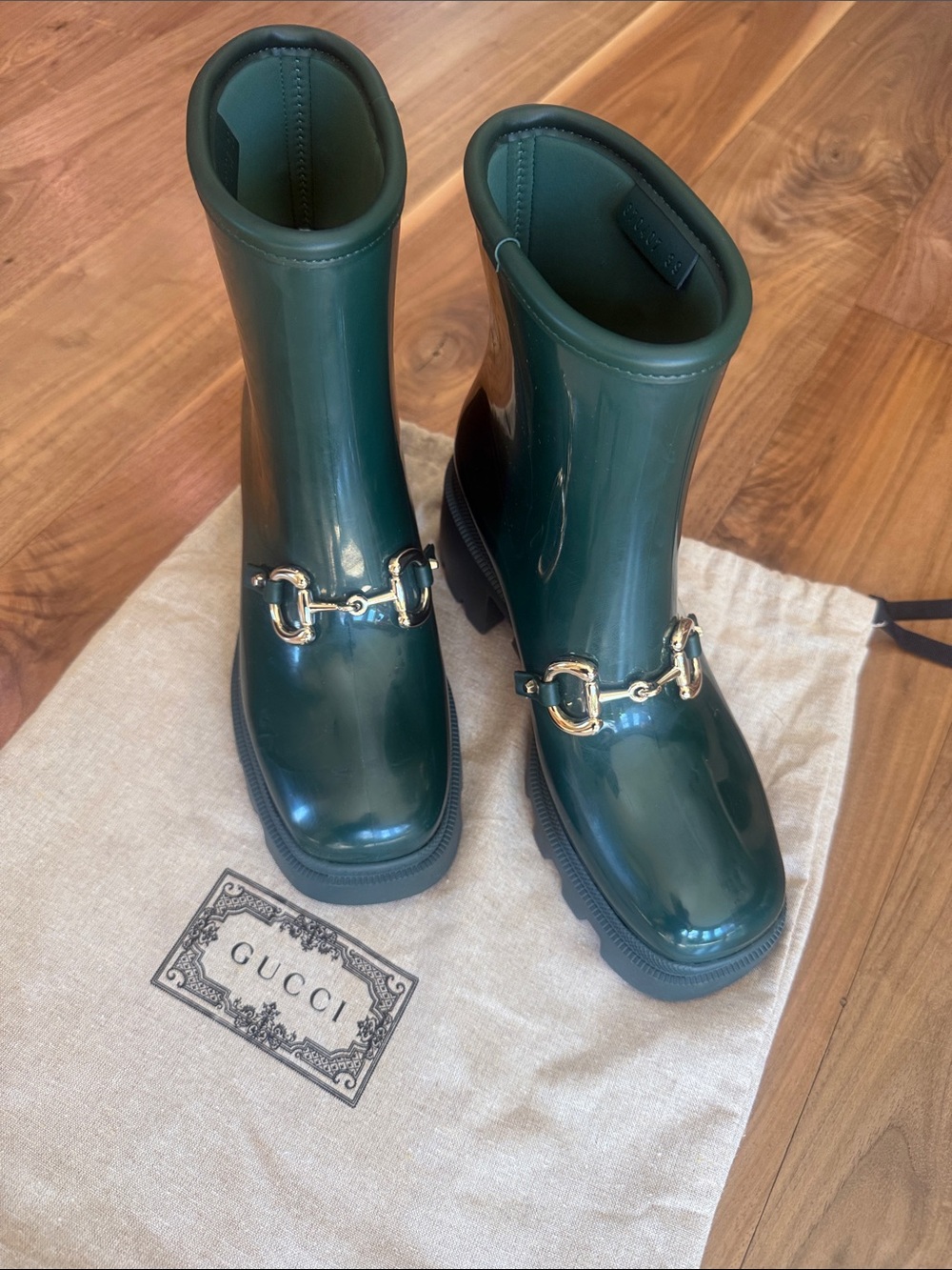 Gucci Green Horsebit Rain Boots with Gold Hardware - NEVER USED